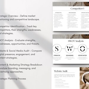 May include: A black and white graphic with the text "SWOT Analysis" and four circles labelled "Strengths", "Weaknesses", "Opportunities", and "Threats".