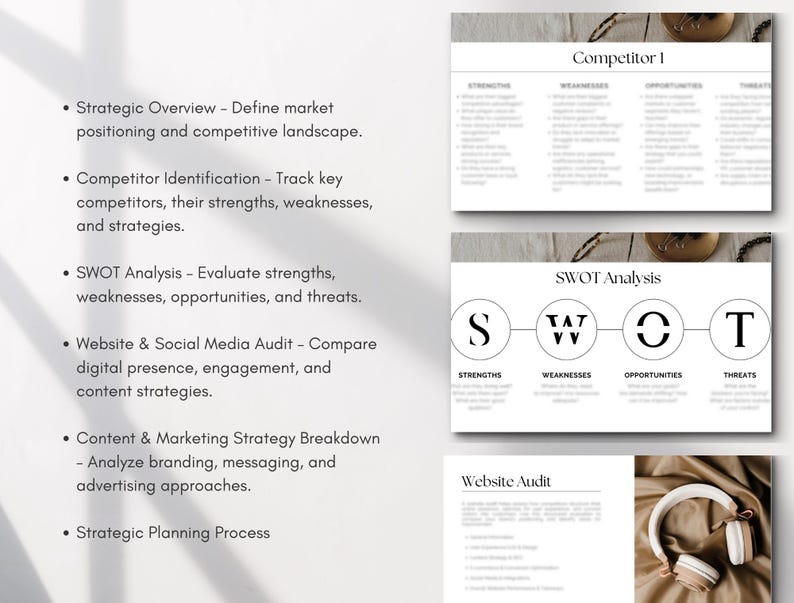May include: A black and white graphic with the text "SWOT Analysis" and four circles labelled "Strengths", "Weaknesses", "Opportunities", and "Threats".