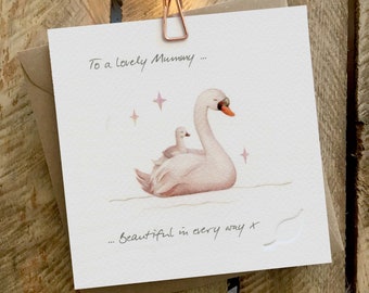 Birthday card, Mothers Day card, Mummy card, swan, mummy and baby, mum and baby