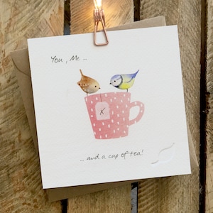 Geburtstagskarte, Geburtstagskarte für Freundin, Mama Karte, Tante, Schwester, Nichte, mit zwei Vögeln und einer Tasse Tee