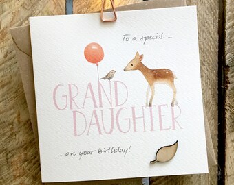 GrandDaughter Card, Granddaughter Birthday Card, Special Granddaughter. Features a beautiful baby deer fawn and cute little bird.