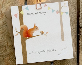 Birthday Card for a Special Friend featuring a squirrel and a bird. Card has a debossed leaf.