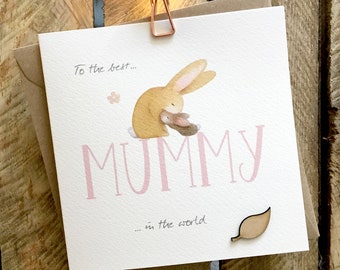 Mother's Day Card, Mummy Card, Birthday Card, Cute mummy rabbit with a little rabbit. Card has a wooden leaf attachment