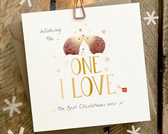 Puede incluir: Una tarjeta de felicitación con el texto "ONE I LOVE" en letras doradas, con ilustraciones de dos erizos. La tarjeta está sujeta por un clip de cobre sobre un fondo de madera. También se ve el texto "Wishing the..." y "...the Best Christmas ever x".