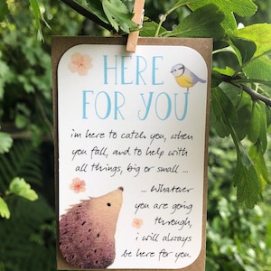 Nachdenkliche positive Botschaft hier für Sie Geburtstagskarte, besondere Freundin, besondere Person, kleine Karte, Geschenkanhänger, Andenken, kleines Geschenk, Igel