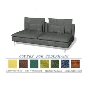 May include: A gray two-seat sofa with two back cushions and two smaller cushions. The sofa has a modern design with metal legs. The text "COVERS FOR SODERHAMN" is displayed below the sofa, along with fabric swatches.