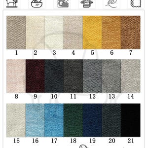 K&ouml;nnte beinhalten: Eine Farbpalette von Fine Linen Fabric-C, die 21 Stoffmuster in verschiedenen Farben zeigt. Das Bild enth&auml;lt Symbole f&uuml;r feine Verarbeitung, Maschinenwaschbarkeit, Lufttrocknung und angenehme Haptik. Der Stoff ist aus 100 % Polyester.