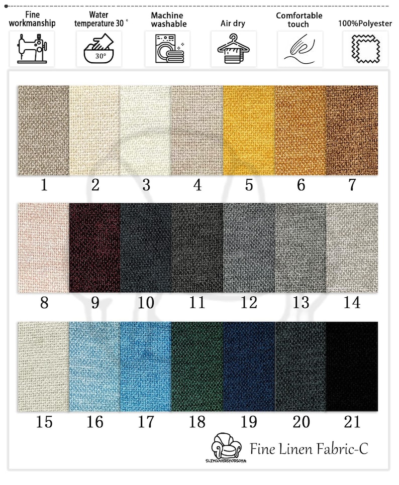 K&ouml;nnte beinhalten: Eine Farbpalette von Fine Linen Fabric-C, die 21 Stoffmuster in verschiedenen Farben zeigt. Das Bild enth&auml;lt Symbole f&uuml;r feine Verarbeitung, Maschinenwaschbarkeit, Lufttrocknung und angenehme Haptik. Der Stoff ist aus 100 % Polyester.