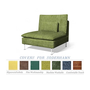 May include: A green fabric sofa with a matching pillow. The sofa has a low profile with metal legs. Below the sofa, the text reads "COVERS FOR SODERHAMN". There are fabric swatches with text below them.