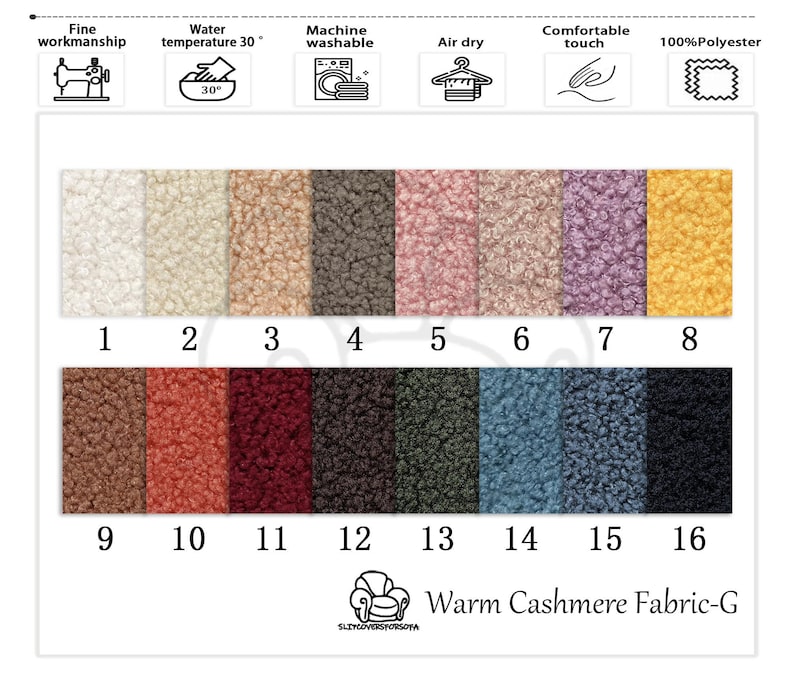 K&ouml;nnte beinhalten: Eine Farbkarte f&uuml;r Warm Cashmere Fabric-G mit sechzehn Farbfeldern in verschiedenen Farbt&ouml;nen. Die Farbfelder reichen von Off-White bis Schwarz, mit Farben wie Beige, Braun, Rosa, Lila und Gelb. Das Bild enth&auml;lt auch Symbole f&uuml;r die Stoffpflege.