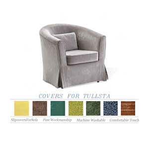 May include: A gray upholstered armchair with a matching pillow. The chair has a rounded back and skirted base. Below the chair are fabric swatches with text: SlipcoversForSofa, Fine Workmanship, Machine Washable, and Comfortable Touch.