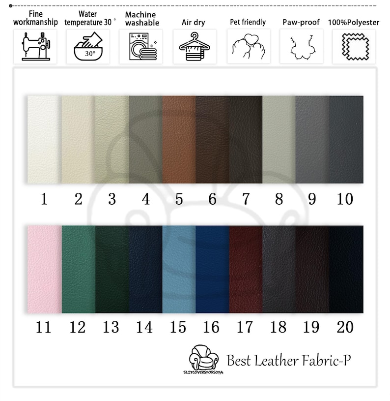 K&ouml;nnte beinhalten: Eine Farbkarte von Best Leather Fabric-P mit 20 Farbmustern in verschiedenen Farbt&ouml;nen. Die Muster reichen von hellen Neutralt&ouml;nen bis zu dunklen Farbt&ouml;nen, darunter Rosa, Gr&uuml;n, Blau und Braun. Symbole zeigen feine Verarbeitung, Wassertemperatur 30&deg;, Maschinenwaschbarkeit, Lufttrocknung, tierfreundlich, pfotenfest und 100 % Polyester an.