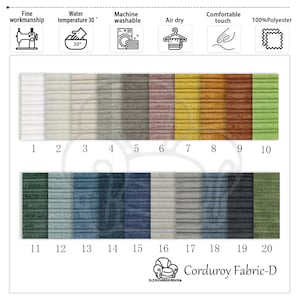 K&ouml;nnte beinhalten: Eine Farbkarte f&uuml;r Cordstoff Fabric-D mit 20 Farbmustern in verschiedenen Farbt&ouml;nen. Die Farbmuster reichen von Wei&szlig; bis Dunkelgr&uuml;n, mit den Nummern 1-20 unter jeder Farbe. Symbole zeigen feine Verarbeitung, Maschinenwaschbarkeit und Lufttrocknung an.