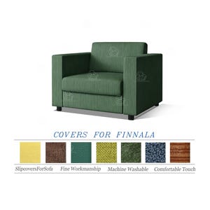 Op de afbeelding: Groene gestoffeerde fauteuil met verticaal streepjespatroon. De stoel heeft een hoekige vorm met een laag profiel en zwarte poten. De tekst "COVERS FOR FINNALA" wordt hieronder weergegeven, samen met stofstalen.