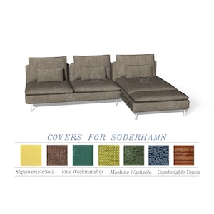 May include: A sectional sofa with a chaise lounge, upholstered in a textured brown fabric. The sofa has a modern design with low profile arms and metal legs. The image also shows color swatches with text: SlipcoversForSofa, Fine Workmanship, Machine Washable, and Comfortable Touch.
