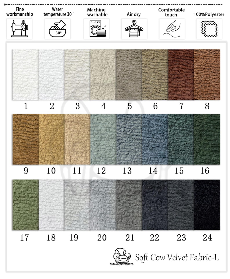 K&ouml;nnte beinhalten: Eine Farbkarte f&uuml;r Soft Cow Velvet Fabric-L mit 24 Farbmustern in verschiedenen Farbt&ouml;nen. Die Muster reichen von Wei&szlig; bis Schwarz, einschlie&szlig;lich Beige-, Gr&uuml;n- und Blaut&ouml;nen. Symbole zeigen feine Verarbeitung, Maschinenwaschbarkeit und Lufttrocknung an.