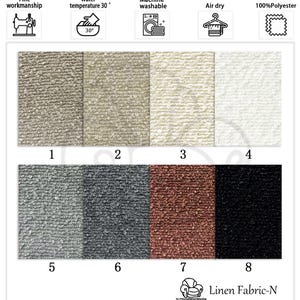 K&ouml;nnte beinhalten: Eine Stoffmusterkarte mit acht strukturierten Leinenstoffmustern in verschiedenen Farben, darunter Beige, Grau und Schwarz. Das Bild enth&auml;lt Symbole f&uuml;r feine Verarbeitung, Maschinenwaschbarkeit und Lufttrocknung. Der Stoff besteht aus 100 % Polyester.