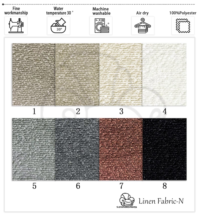 K&ouml;nnte beinhalten: Eine Stoffmusterkarte mit acht strukturierten Leinenstoffmustern in verschiedenen Farben, darunter Beige, Grau und Schwarz. Das Bild enth&auml;lt Symbole f&uuml;r feine Verarbeitung, Maschinenwaschbarkeit und Lufttrocknung. Der Stoff besteht aus 100 % Polyester.