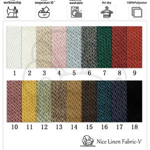 K&ouml;nnte beinhalten: Eine Farbkarte f&uuml;r Nice Linen Fabric-V mit 18 Stoffmustern in verschiedenen Farben. Die Muster sind nummeriert und umfassen Farbt&ouml;ne von Wei&szlig;, Beige, Rosa, Blau, Grau, Gr&uuml;n und Braun. Das Bild zeigt auch Pflegehinweise und die Zusammensetzung des Stoffes.