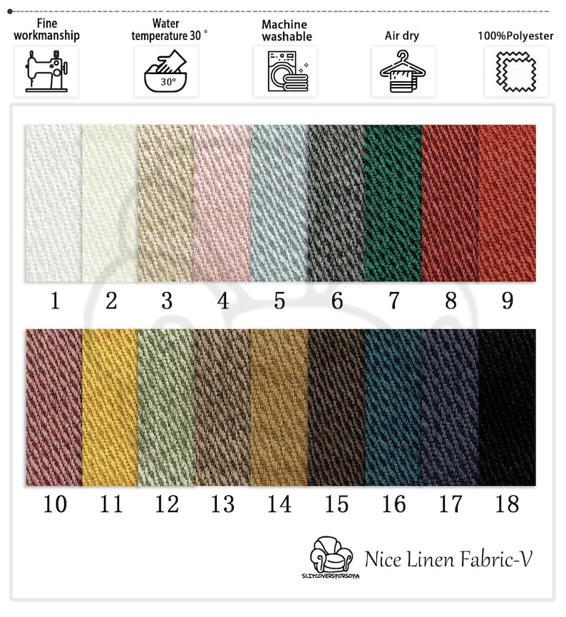 K&ouml;nnte beinhalten: Eine Farbkarte f&uuml;r Nice Linen Fabric-V mit 18 Stoffmustern in verschiedenen Farben. Die Muster sind nummeriert und umfassen Farbt&ouml;ne von Wei&szlig;, Beige, Rosa, Blau, Grau, Gr&uuml;n und Braun. Das Bild zeigt auch Pflegehinweise und die Zusammensetzung des Stoffes.