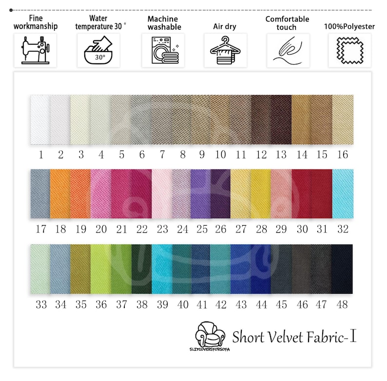 K&ouml;nnte beinhalten: Eine Farbkarte f&uuml;r Short Velvet Fabric-I mit 48 Farbfeldern in verschiedenen Farbt&ouml;nen. Die Karte enth&auml;lt Symbole f&uuml;r feine Verarbeitung, Maschinenwaschbarkeit, Lufttrocknung und 100 % Polyester. Die Farben reichen von Wei&szlig; bis Schwarz, mit lebendigen Farbt&ouml;nen von Rosa, Blau und Gr&uuml;n.