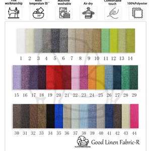 K&ouml;nnte beinhalten: Eine Farbkarte f&uuml;r Good Linen Fabric-R mit 44 Stoffmustern in verschiedenen Farben, nummeriert von 1-44. Das Bild enth&auml;lt Symbole f&uuml;r feine Verarbeitung, Wassertemperatur 30&deg;C, maschinenwaschbar, lufttrocknen, angenehme Haptik und 100% Polyester.