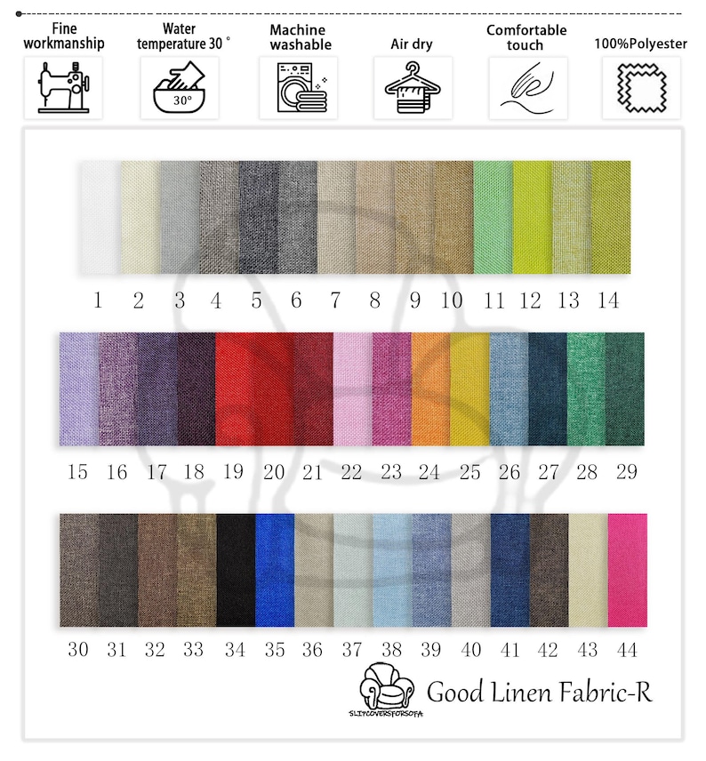 K&ouml;nnte beinhalten: Eine Farbkarte f&uuml;r Good Linen Fabric-R mit 44 Stoffmustern in verschiedenen Farben, nummeriert von 1-44. Das Bild enth&auml;lt Symbole f&uuml;r feine Verarbeitung, Wassertemperatur 30&deg;C, maschinenwaschbar, lufttrocknen, angenehme Haptik und 100% Polyester.