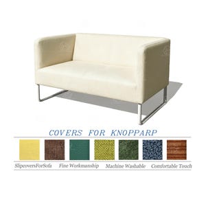 May include: Cream-colored two-seater sofa with a modern design. The sofa has a rectangular shape with rounded armrests and sits on silver metal legs. The image also displays a color swatch selection with the text "COVERS FOR KNOPPARP".