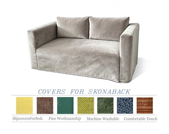 May include: A light gray SKONABACK sofa cover. The sofa has two back cushions and two armrests. Below the sofa, there is a color palette with the text "SlipcoversForSofa", "Fine Workmanship", "Machine Washable", and "Comfortable Touch".
