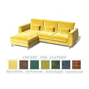 May include: A yellow sectional sofa with a chaise lounge on the left side. The sofa has three back cushions and three smaller square pillows. The text "COVERS FOR SLATORP" is at the bottom, along with fabric swatches.