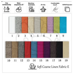 K&ouml;nnte beinhalten: Eine Farbkarte f&uuml;r Soft Coarse Linen Fabric-E mit 19 Stoffmustern in verschiedenen Farben. Die Muster sind nummeriert und umfassen Farben wie Wei&szlig;, Grau, Orange, Beige und Blau. Symbole zeigen feine Verarbeitung, Maschinenwaschbarkeit und Lufttrocknung an.