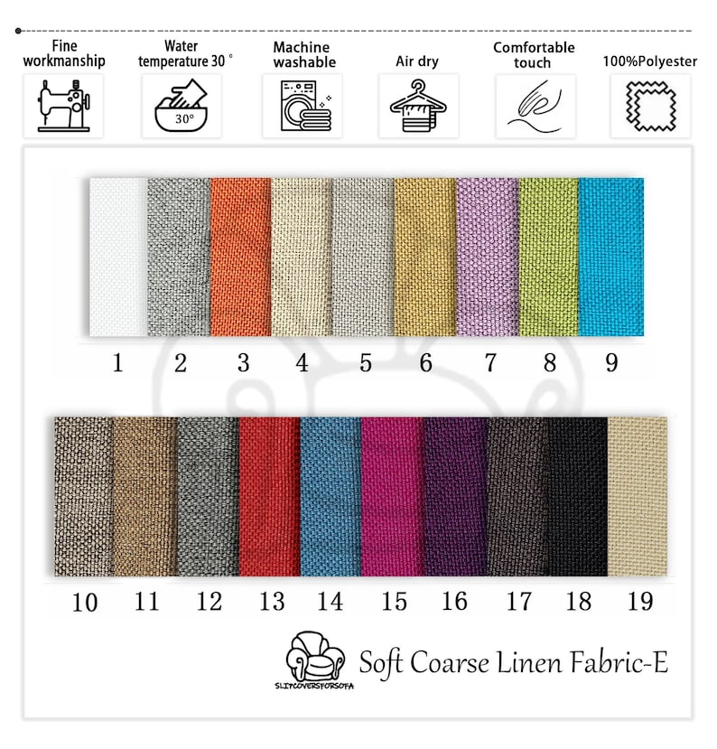 K&ouml;nnte beinhalten: Eine Farbkarte f&uuml;r Soft Coarse Linen Fabric-E mit 19 Stoffmustern in verschiedenen Farben. Die Muster sind nummeriert und umfassen Farben wie Wei&szlig;, Grau, Orange, Beige und Blau. Symbole zeigen feine Verarbeitung, Maschinenwaschbarkeit und Lufttrocknung an.