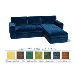 May include: A large, navy blue sectional sofa with a chaise lounge. The sofa is made of a plush, velvety material. The text "COVERS FOR BARSLOV" is displayed below the sofa, along with fabric swatches.
