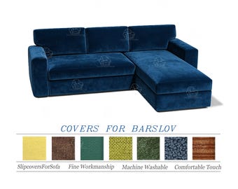 May include: A large, navy blue sectional sofa with a chaise lounge. The sofa is made of a plush, velvety material. The text "COVERS FOR BARSLOV" is displayed below the sofa, along with fabric swatches.
