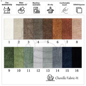 K&ouml;nnte beinhalten: Eine Farbkarte mit Chenille-Stoffmustern, nummeriert von 1 bis 16, in verschiedenen Farbt&ouml;nen von Beige, Braun, Gr&uuml;n, Grau und Schwarz. Das Bild enth&auml;lt Symbole f&uuml;r feine Verarbeitung, Maschinenwaschbarkeit, Lufttrocknung und angenehmen Griff. Der Stoff ist aus 100 % Polyester.