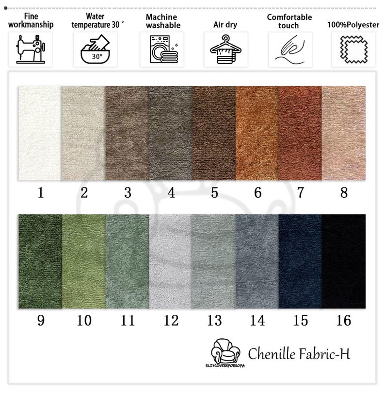 K&ouml;nnte beinhalten: Eine Farbkarte mit Chenille-Stoffmustern, nummeriert von 1 bis 16, in verschiedenen Farbt&ouml;nen von Beige, Braun, Gr&uuml;n, Grau und Schwarz. Das Bild enth&auml;lt Symbole f&uuml;r feine Verarbeitung, Maschinenwaschbarkeit, Lufttrocknung und angenehmen Griff. Der Stoff ist aus 100 % Polyester.