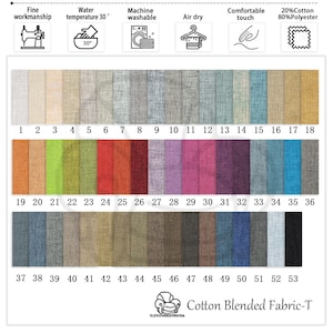 K&ouml;nnte beinhalten: Ein Farbmuster f&uuml;r Cotton Blended Fabric-T mit 53 Stoffmustern in verschiedenen Farben. Die Tabelle enth&auml;lt Symbole f&uuml;r feine Verarbeitung, Maschinenwaschbarkeit und Lufttrocknung. Der Stoff besteht aus 20 % Baumwolle und 80 % Polyester.
