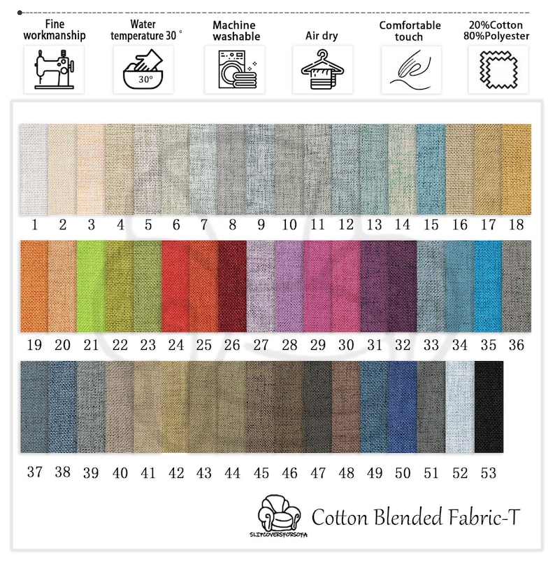 K&ouml;nnte beinhalten: Ein Farbmuster f&uuml;r Cotton Blended Fabric-T mit 53 Stoffmustern in verschiedenen Farben. Die Tabelle enth&auml;lt Symbole f&uuml;r feine Verarbeitung, Maschinenwaschbarkeit und Lufttrocknung. Der Stoff besteht aus 20 % Baumwolle und 80 % Polyester.
