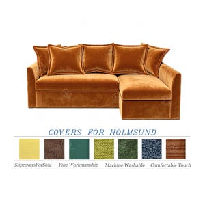 May include: A sectional sofa in a warm orange-brown hue, with plush cushions and a chaise lounge. The sofa has a velvet-like texture and is accompanied by a color swatch graphic with text that reads "COVERS FOR HOLMSUND".
