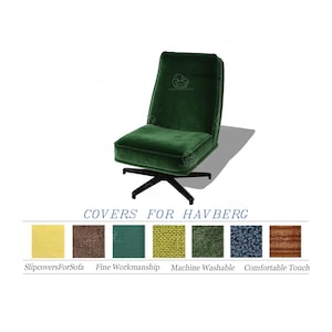 May include: A dark green velvet chair with a black star-shaped base. The chair has a rectangular back and seat. The text "COVERS FOR HAVBERG" is below the chair, along with fabric swatches.