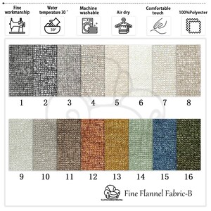 K&ouml;nnte beinhalten: Ein Farbmuster von Fine Flannel Fabric-B mit sechzehn Stoffmustern in verschiedenen Farbt&ouml;nen. Die Muster reichen von Dunkelgrau bis Hellbeige, mit zus&auml;tzlichen Farben wie Braun, Orange und Blau. Symbole weisen auf Eigenschaften wie Maschinenwaschbarkeit und Lufttrocknung hin.