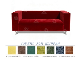 May include: A red velvet sofa with a modern design, featuring a boxy shape and silver legs. The image includes a color swatch selection with text that reads "COVERS FOR KLIPPAN".