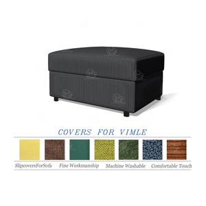 May include: A dark gray ottoman with a vertically ribbed texture. The ottoman has a rectangular shape and sits on four short, black legs. The text "COVERS FOR VIMLE" is displayed below the ottoman, along with color swatches.