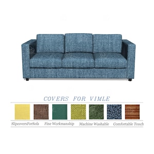 May include: A three-seat blue sofa with a textured fabric. The sofa has a modern design with square arms and a straight back. Below the sofa are color swatches with text that reads "COVERS FOR VIMLE".