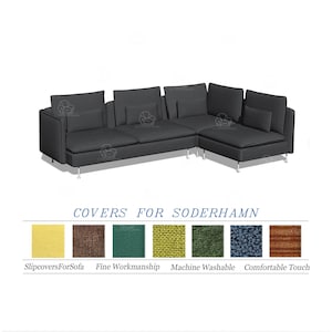 May include: A dark gray sectional sofa with multiple cushions and a chaise lounge. The sofa has a modern design with metal legs. The image also includes a color swatch graphic with the text "COVERS FOR SODERHAMN".
