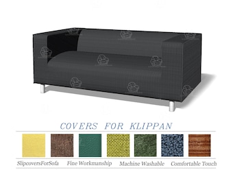 May include: A dark gray sofa cover with a ribbed texture, designed for a Klippan sofa. The image includes a color palette of available fabrics, including yellow, brown, green, and blue. The text at the bottom reads "COVERS FOR KLIPPAN".