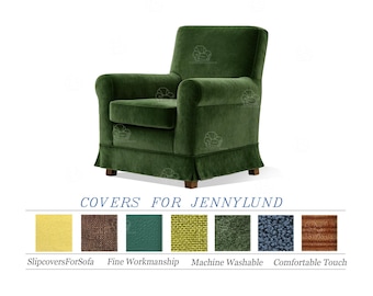 May include: A green armchair with a skirted base. The chair has rolled arms and a high back. The text "COVERS FOR JENNYLUND" is at the bottom of the image, along with fabric swatches.