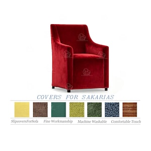 May include: A red velvet armchair with a high back and armrests. The chair has a square seat and black legs. The image includes the text "COVERS FOR SAKARIAS" and color swatches with text such as "SlipCoversForSofa" and "Machine Washable."