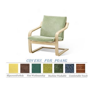Puede incluir: Sillón tapizado verde claro con estructura de madera clara. La silla tiene un diseño curvo con reposabrazos y un cojín de asiento. El texto "COVERS FOR POANG" está debajo, junto con muestras de tela.