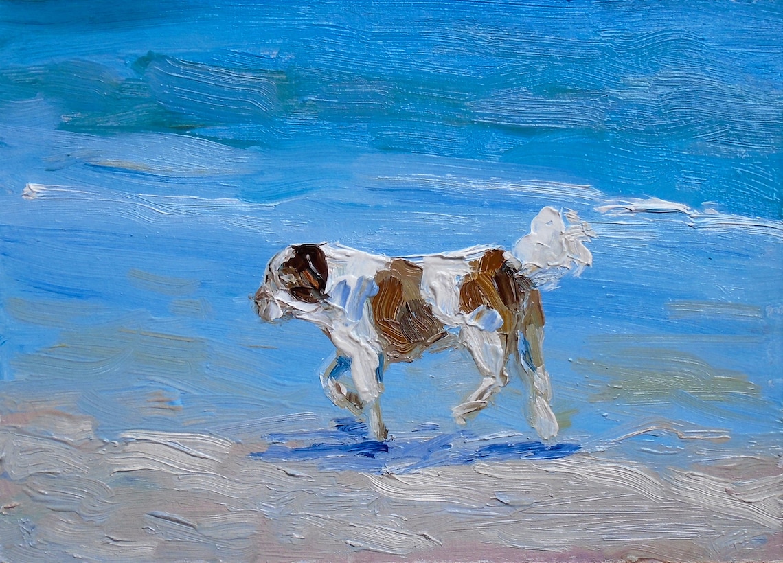 Dog Beach Painting Animal Original Art Seascape Nautical Etsy